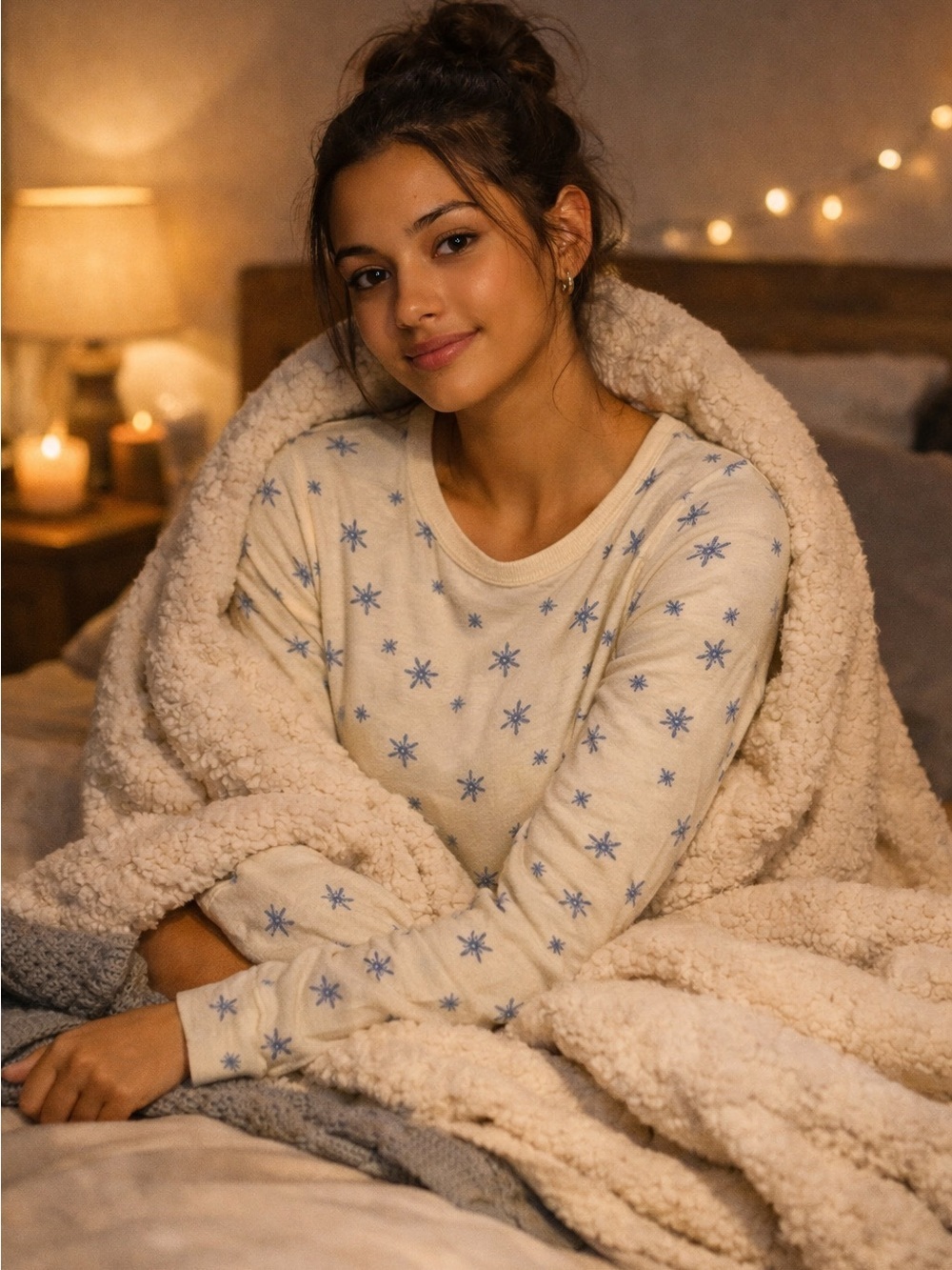 Free People White Pajama Top with Blue Snowflake Design Lounge wear sleepwear